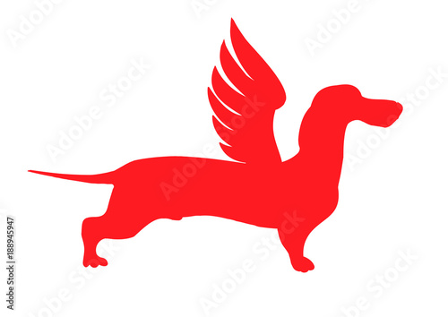 Vector stock illustration of cartoon character dog talisman, phylactery hound, mascot pooch, dachshund sticker German badger-dog angel.