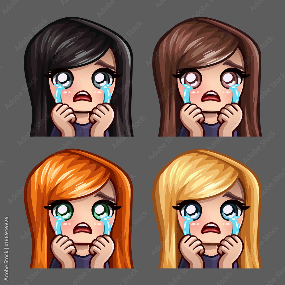 Emotion icons crying female with long hairs for social networks and stickers Emotion icons crying female with long hairs for social networks and stickers