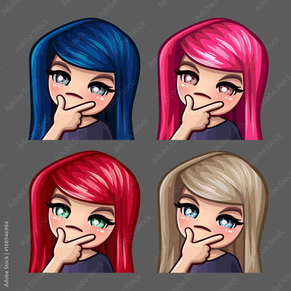 Emotion icons thinks female with long hairs for social networks and stickers Emotion icons thinks female with long hairs for social networks and stickers