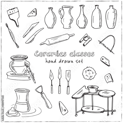 Hand drawn doodle ceramic classes set.