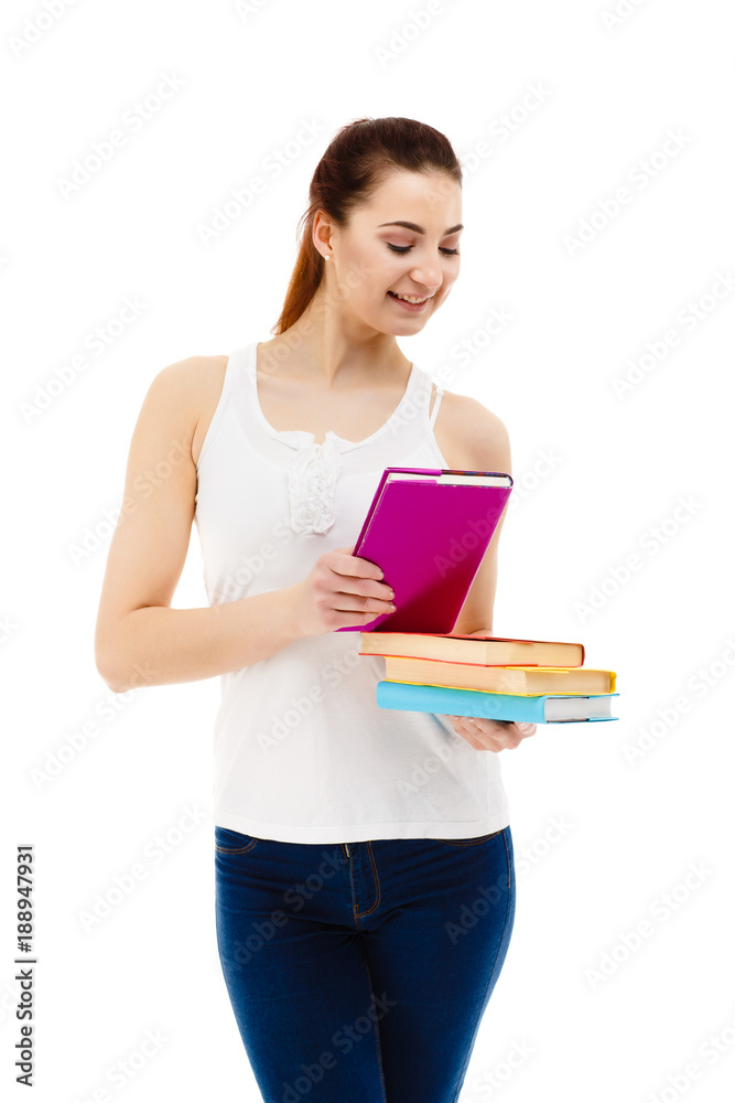 Young woman holding books on white background Young woman holding books on white background