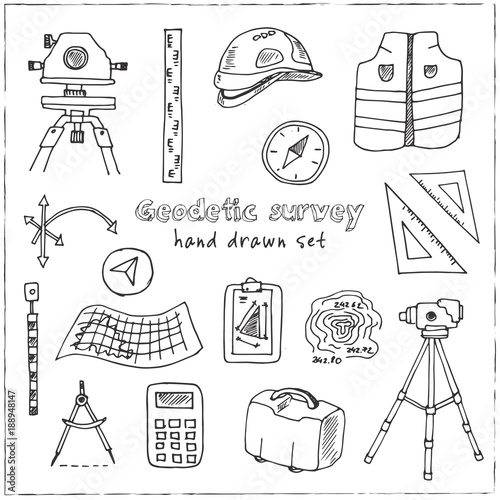 Hand drawn doodle geodetic survey set.