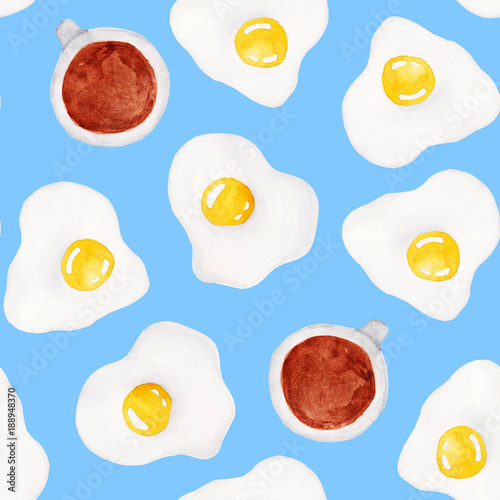 Wattercolor egg and coffee pattern. Breakfast. For design, card, print or background