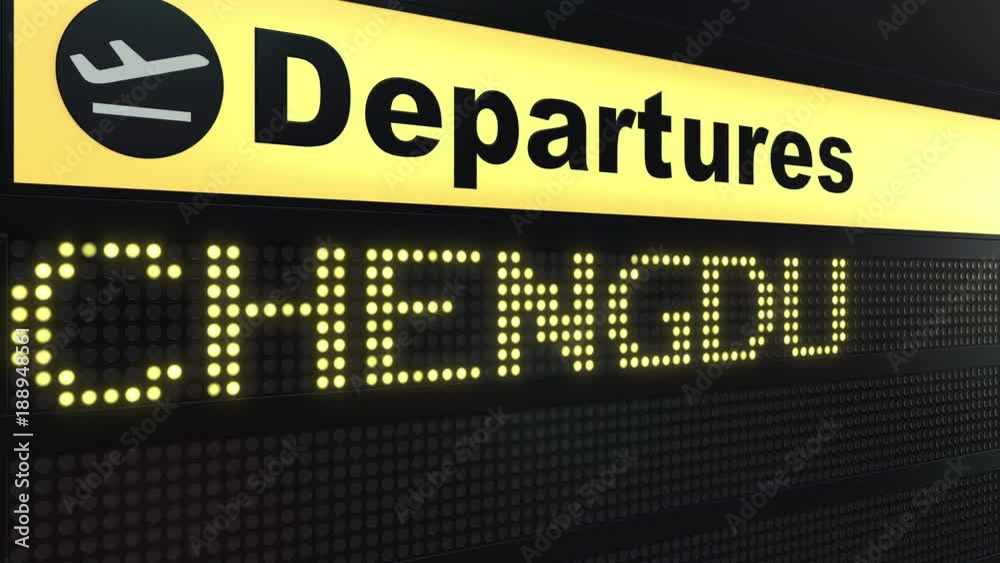 Flight to Chengdu on international airport departures board. Travelling to China conceptual intro animation Flight to Chengdu on international airport departures board. Travelling to China conceptual intro animation