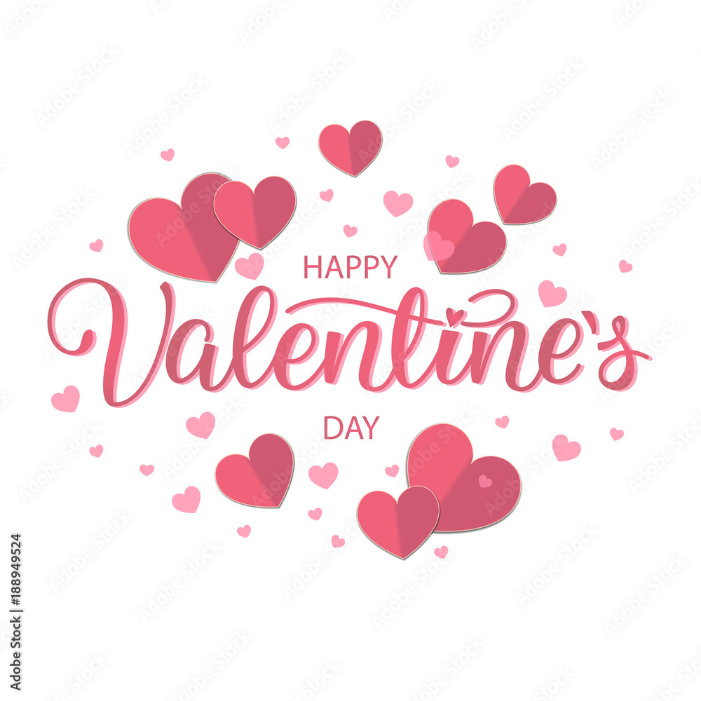 Happy Valentines Day typography poster with handwritten calligraphy text, isolated on white background. Vector Illustration with paper hearts.