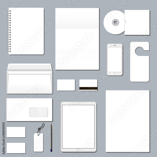 Realistic Corporate Brand Identity Mockup set.  Business stationery mock-up with logo template. Set of envelope, card, folder, etc. Vector illustration.