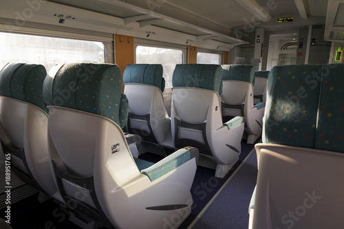 The interior of a modern train, first class