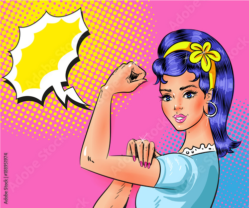 Vector pop art beautiful young woman showing muscles
