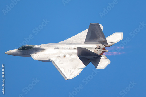 F-22 Raptor in a very close view  with afterburners on