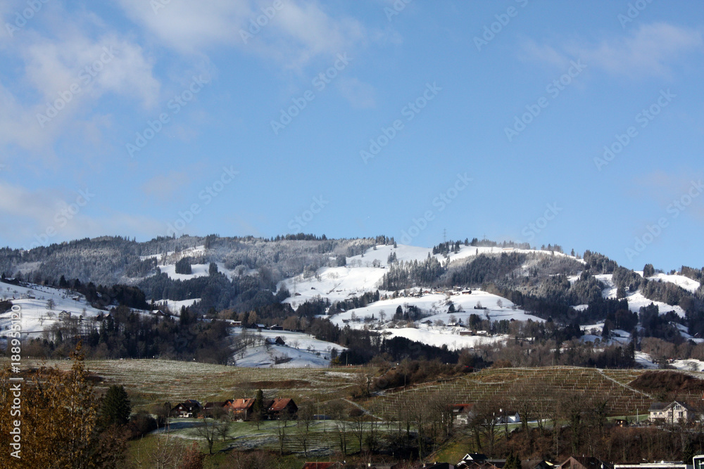 winter landscape with snow tops of the Alps in Switzerland and Austria