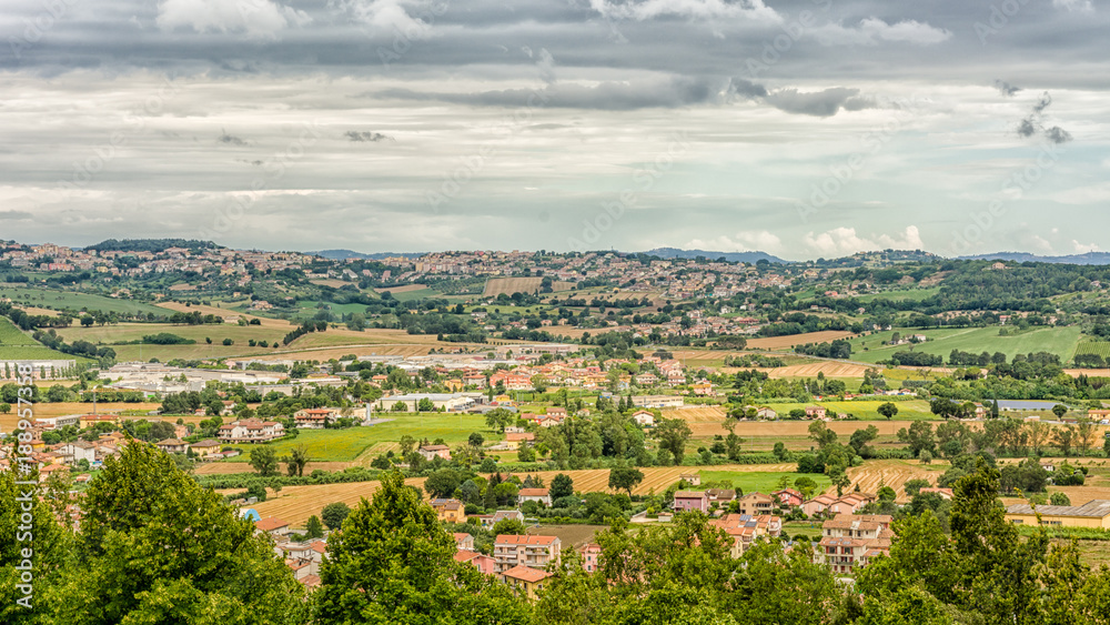 Marches countryside landscape in Italy. View from the terrace of the Sanctuary of the Holy House of Loreto town