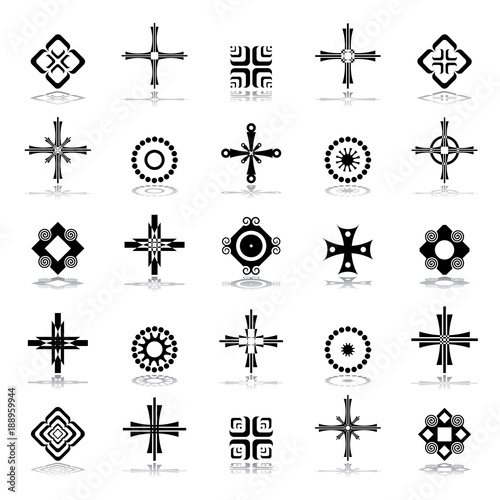 Cross, circle and square design elements.