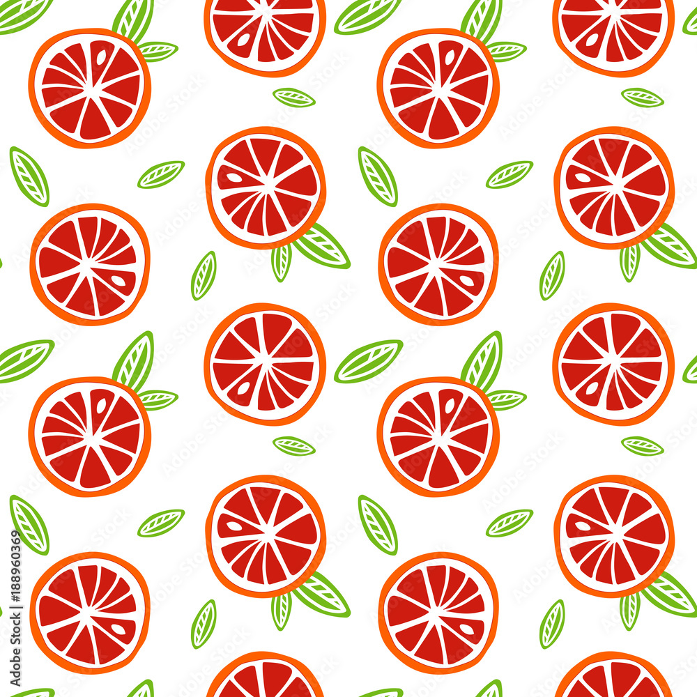 fruit orange and red grapefruit with green leaves on a white background pattern seamless vector