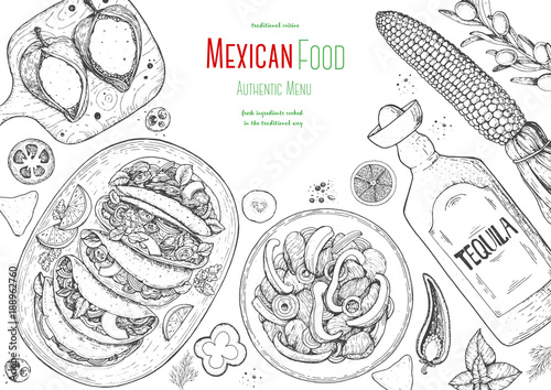 Mexican food top view frame. A set of classic mexican dishes with tacos, fajita, poblano. Food menu design template. Vintage hand drawn sketch vector illustration. Mexican cuisine engraved image.