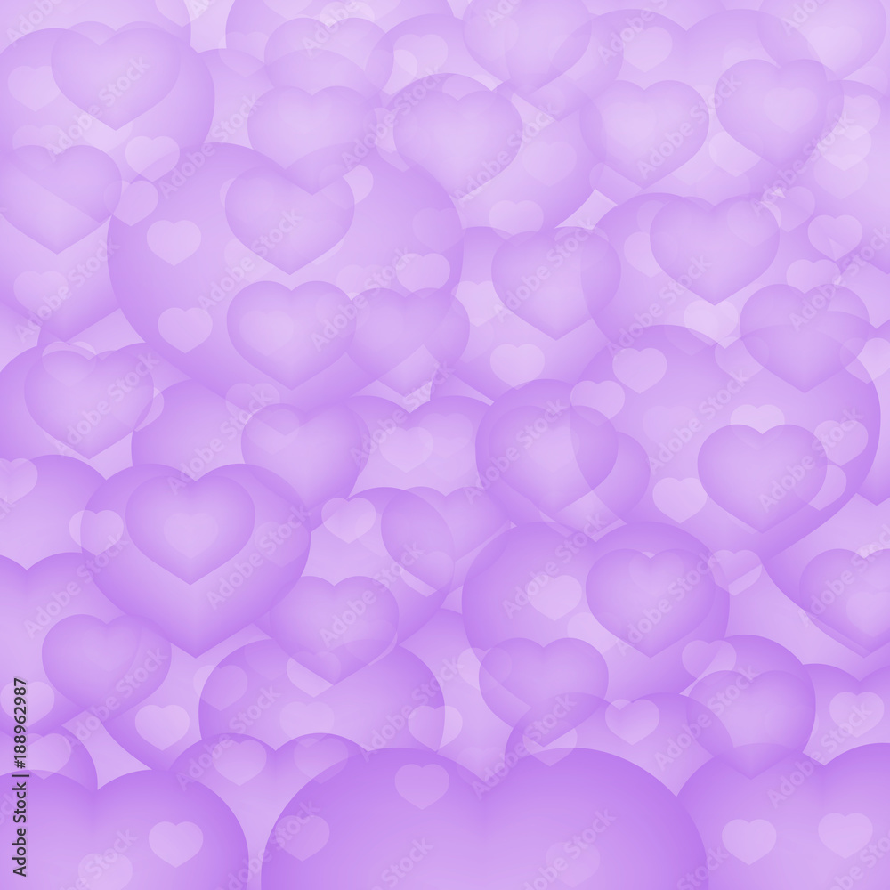 Ultra violet 3d background with hearts in clouds sky. Valentine’s day greeting card backdrop. Romantic vector illustration. Easy to edit design template.