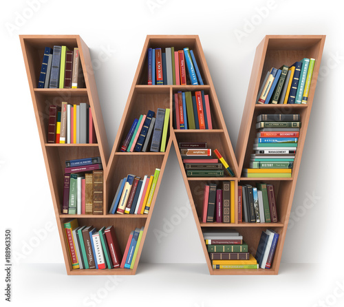 Fototapeta Naklejka Na Ścianę i Meble -  Letter W. Alphabet in the form of shelves with books isolated on white.