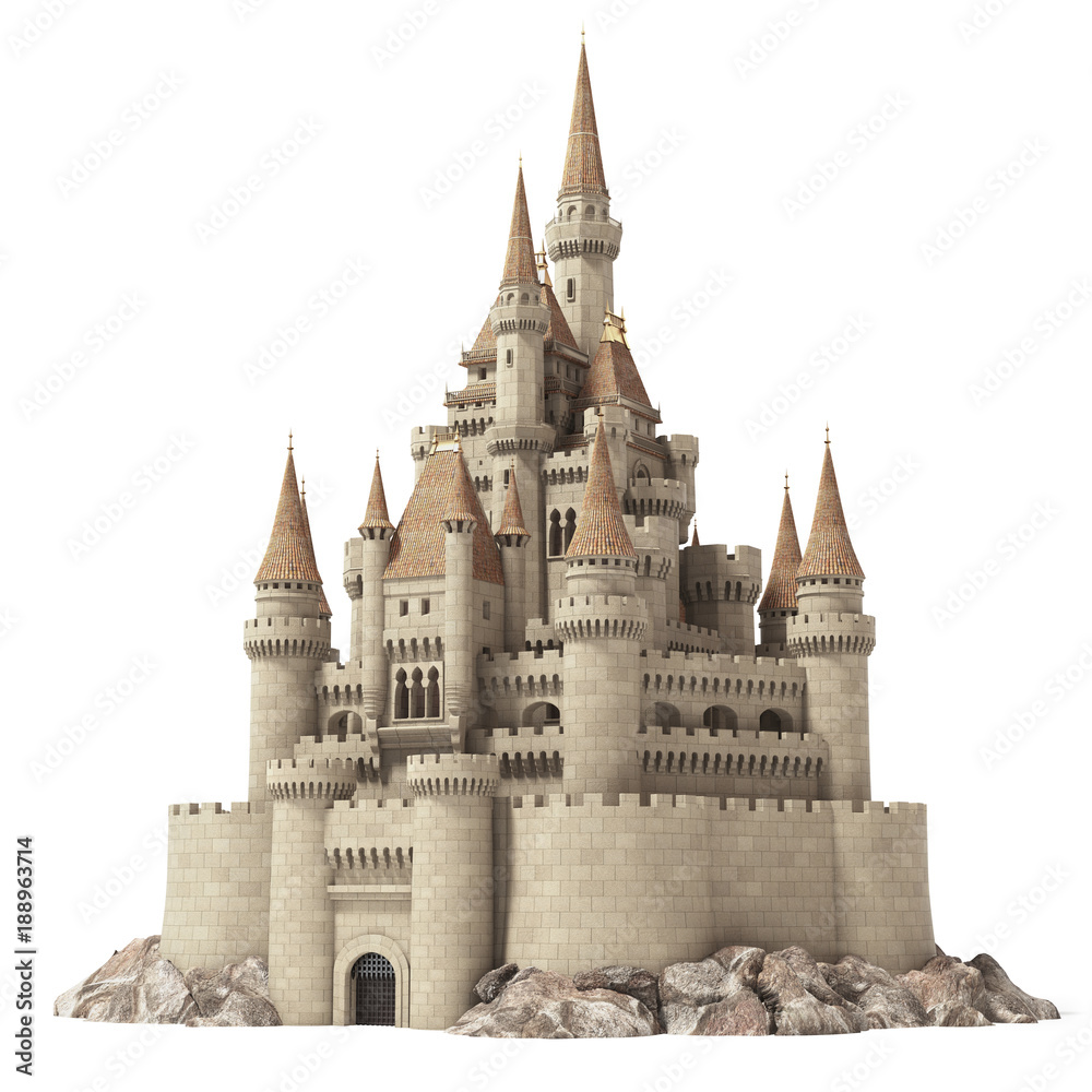 Old fairytale castle on the hill isolated on white. - obrazy, fototapety, plakaty 