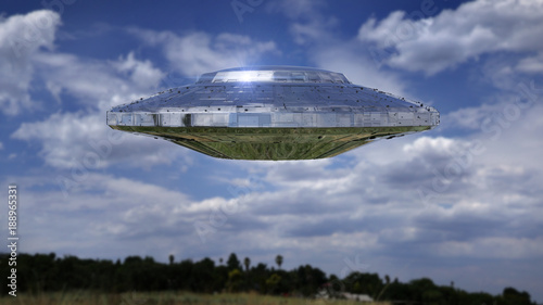 UFO, science fiction scene with alien spaceship, extraterrestrial visitors in flying saucer
