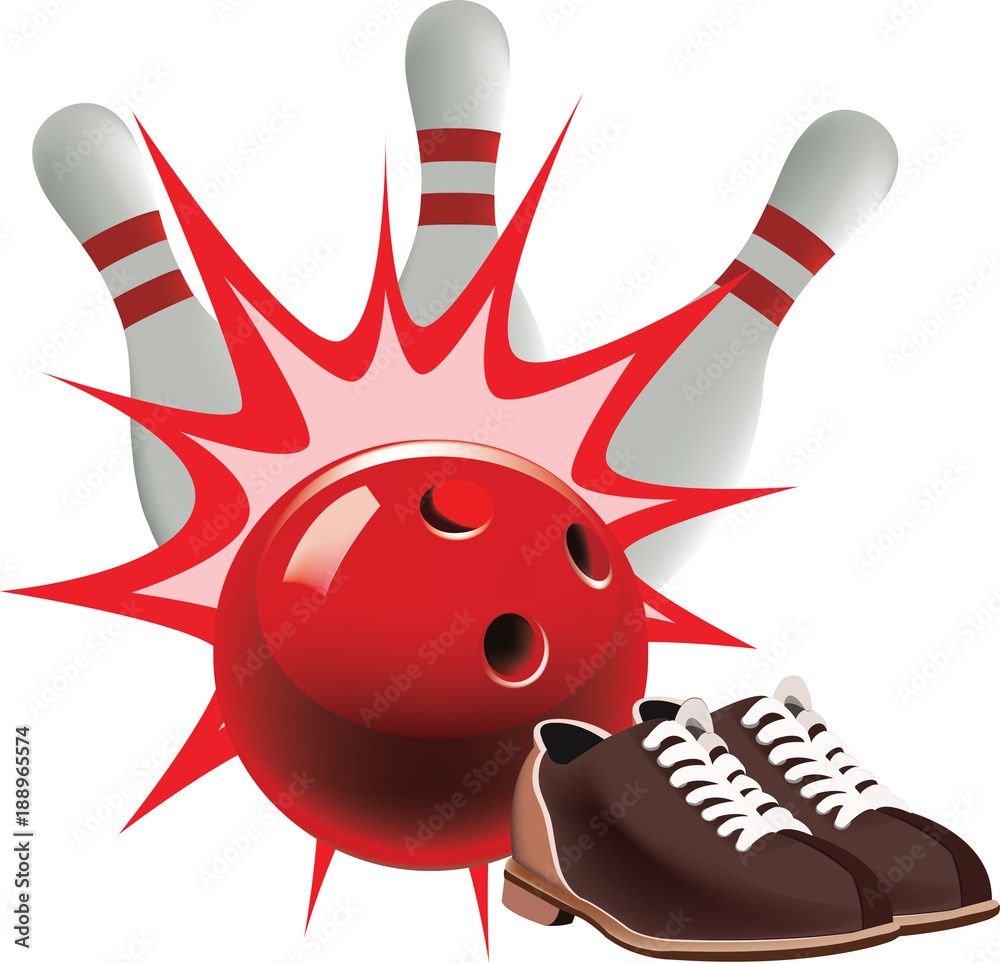 bowling con scarpe e birilli e palla Stock Vector | Adobe Stock