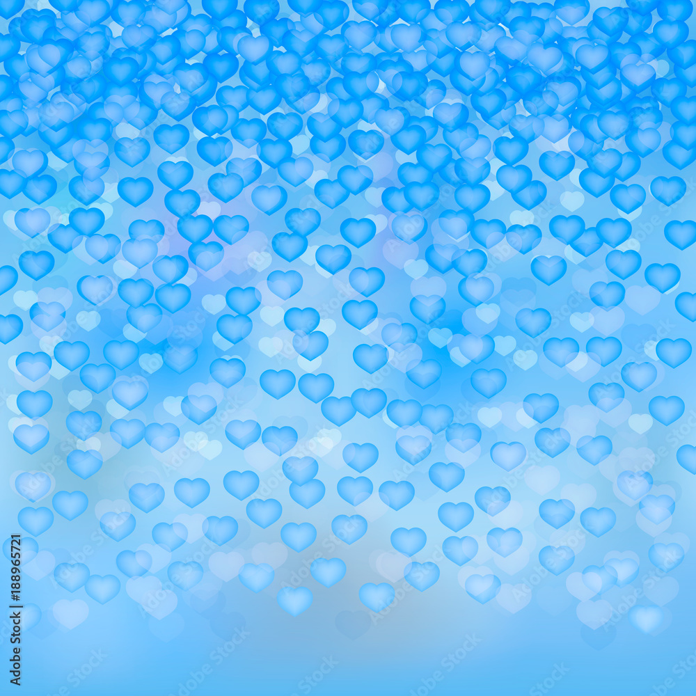 Blue 3d background with realistic hearts in clouds sky. Valentine’s day greeting card backdground. Romantic vector illustration. Easy to edit design template.