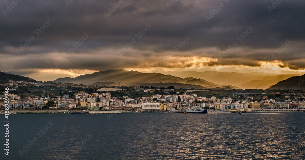 Beautiful light in early morning on Villa San Giovanni (strait of Messina). Calabria Italy.