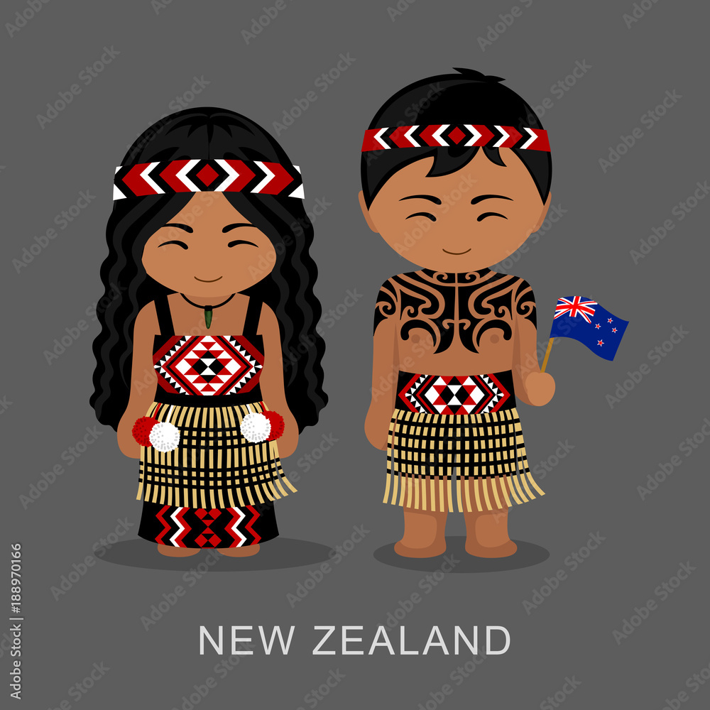 Maori. New Zealanders in national dress with a flag. Man and woman in ...