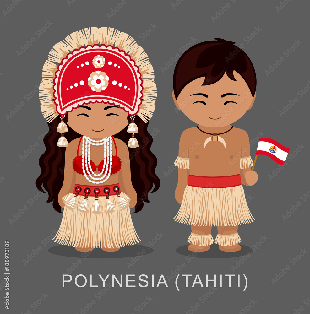 Polynesians in national dress with a flag. Man and woman in traditional ...