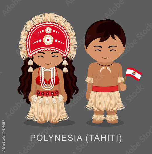 Polynesians in national dress with a flag. Man and woman in traditional costume. Travel to French Polynesia. Tahiti. People. Vector flat illustration.