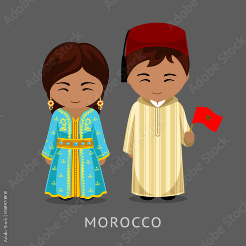 Moroccans in national dress with a flag. Travel to Morocco. Man and woman in traditional costume. People. Vector flat illustration. photo