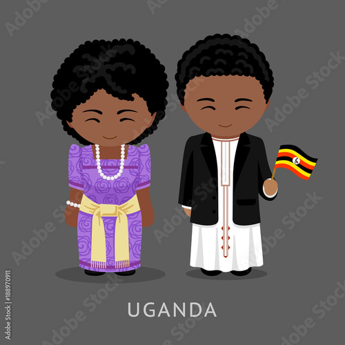  Travel to Uganda. Man and woman in traditional costume. People with flag. Vector flat illustration.