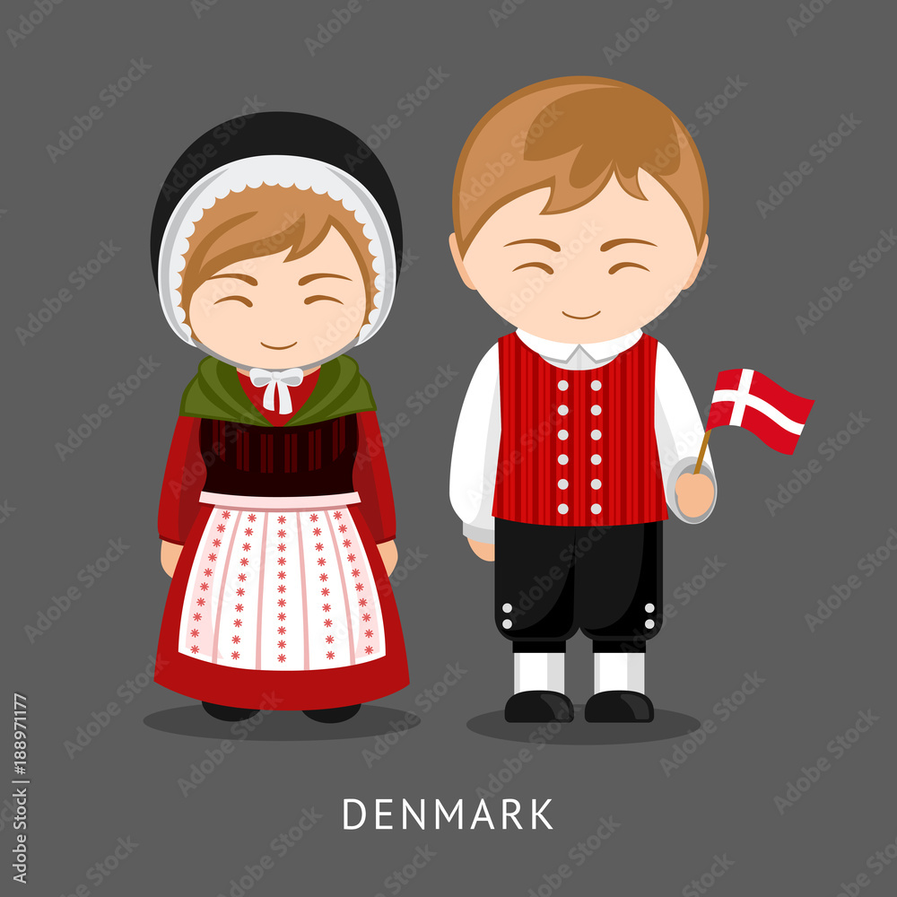 Danes in national dress with a flag. Man and woman in traditional costume.  Travel to Denmark. People. Vector flat illustration. Stock Vector | Adobe  Stock