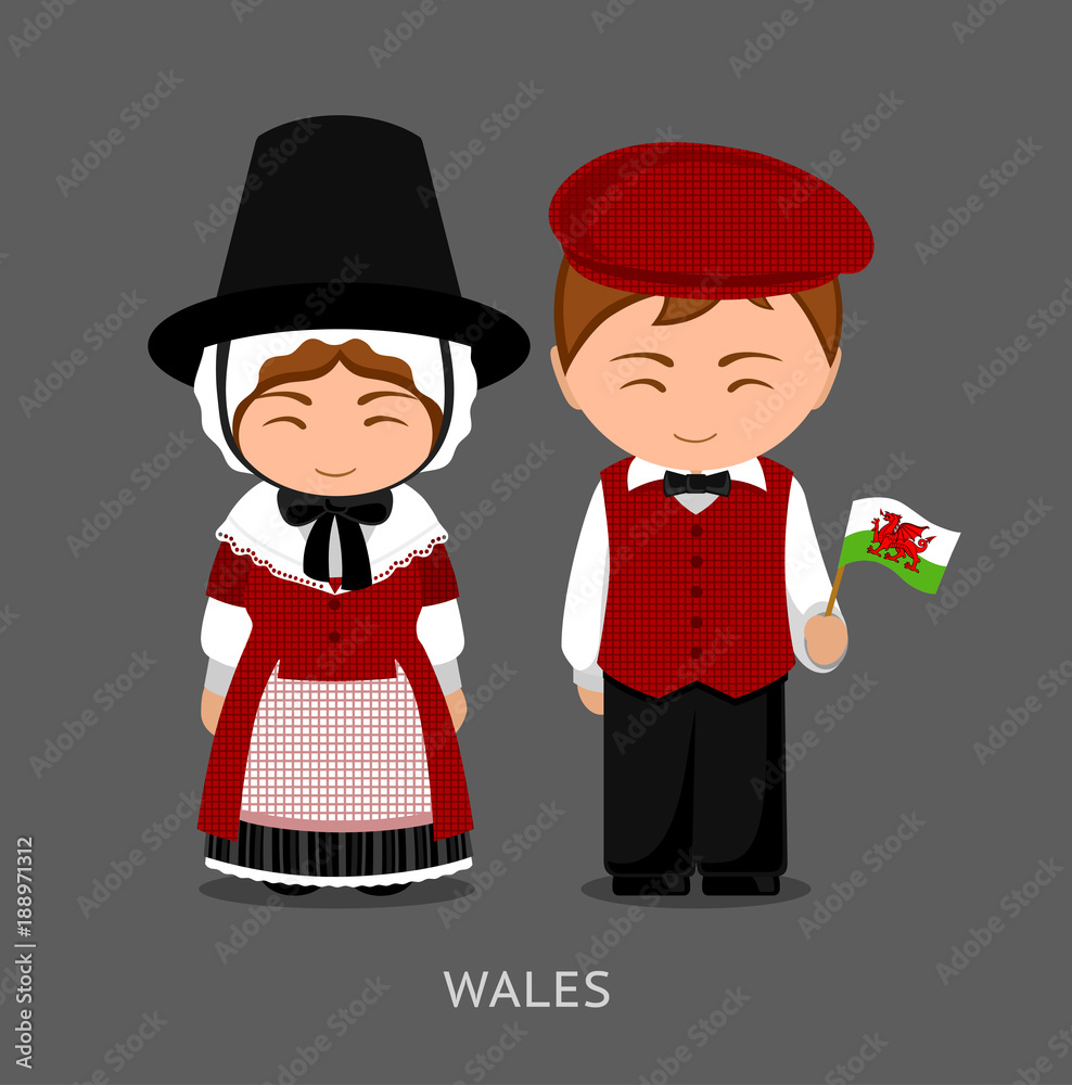 Welsh in national dress with a flag. Man and woman in traditional costume.  Travel to Wales. People. Vector flat illustration. Stock Vector | Adobe  Stock