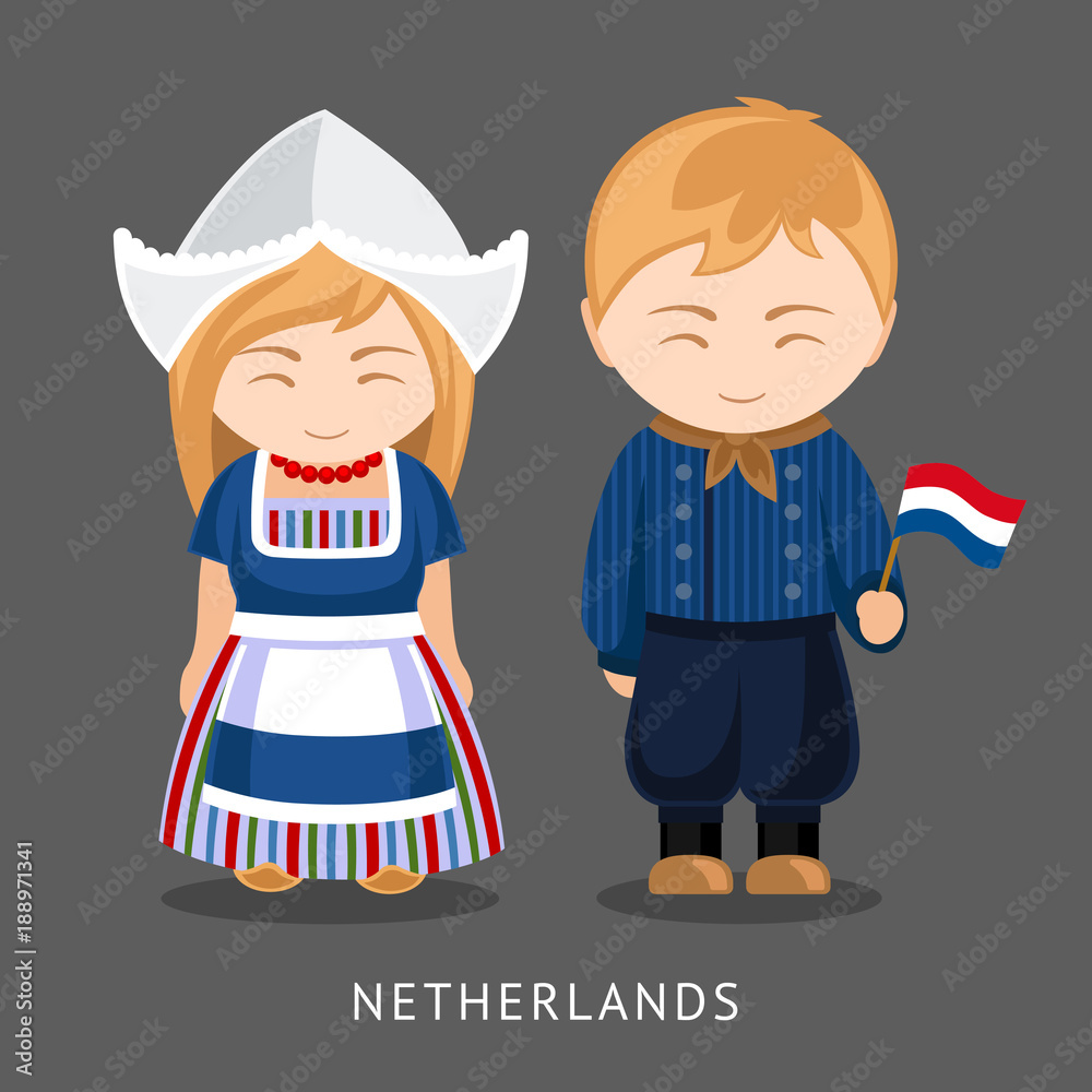 Dutches in national dress with a flag. A man and a woman in traditional costume. Travel to Netherlands. People. Vector illustration.