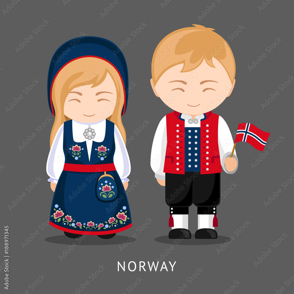Norwegians In National Dress With A Flag Man And Woman In Traditional Costume Travel To Norway People Vector Flat Illustration Stock Vector Adobe Stock