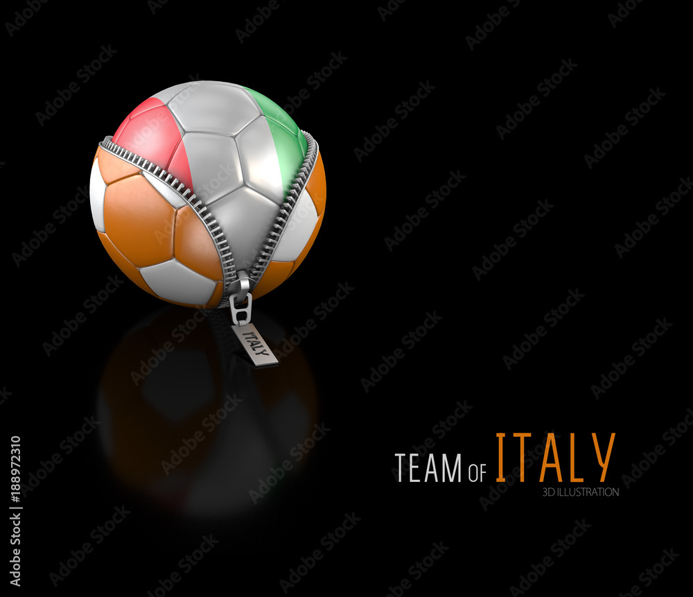3d Illustration of Soccer ball with Italy flag isolated on black background