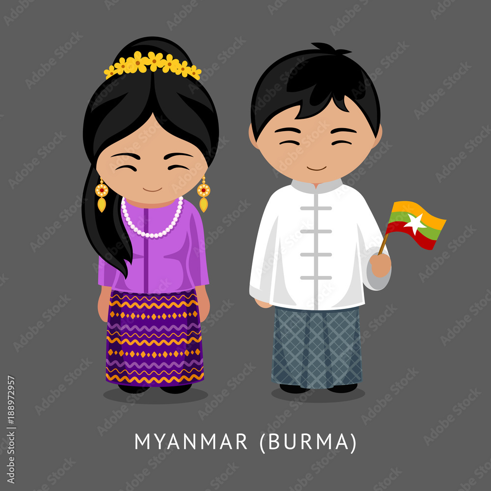 Burmese in national dress with a flag. Man and woman in traditional costume. Travel to Burma (Myanmar). People. Vector flat illustration.