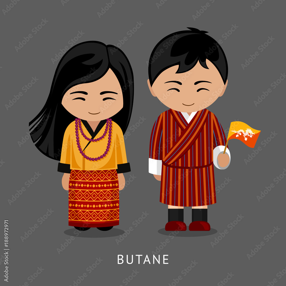 Bhutanese in national dress with a flag. Man and woman in