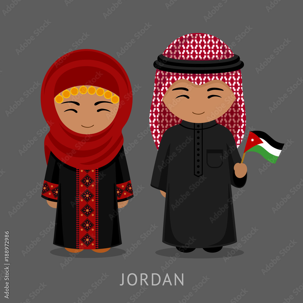 Jordanians in national dress with a flag. Man and woman in traditional  costume. Travel to Jordan. People. Vector flat illustration. Stock Vector |  Adobe Stock