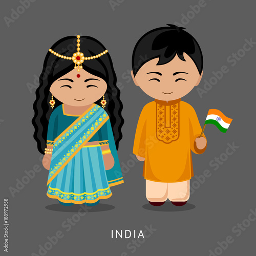 Indians in national dress with a flag. Man and woman in traditional costume. Travel to India. People. Vector flat illustration.