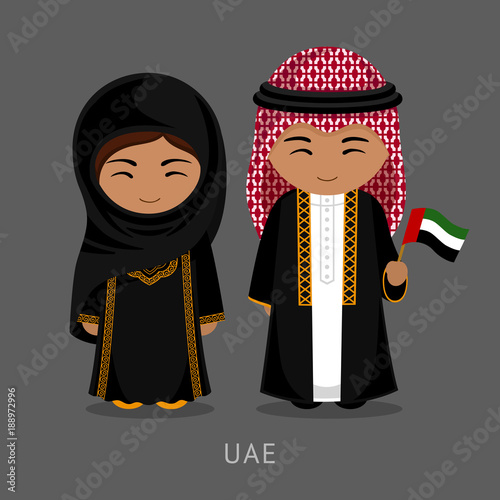 Travel to United Arab Emirates. People in national dress with a flag. Man and woman in traditional costume. Vector flat illustration.
