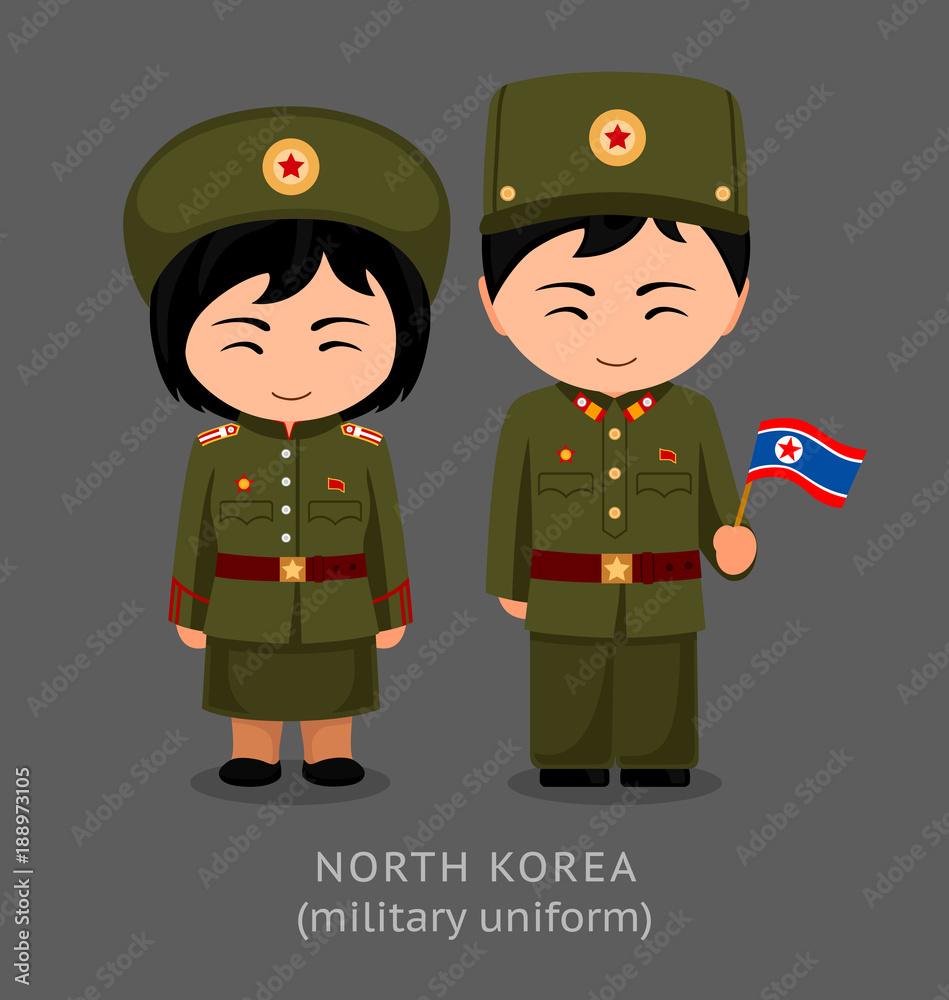 North Koreans in national military uniform with a flag. Man and woman in  traditional clothes. Travel to North Korea. People. Vector flat  illustration. Stock Vector | Adobe Stock
