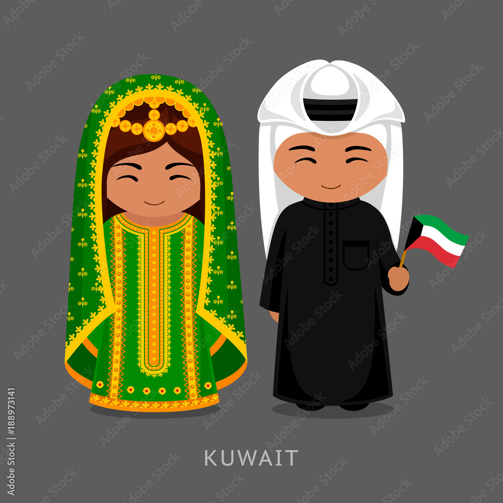 Kuwaitis in national dress with a flag. Man and woman in traditional