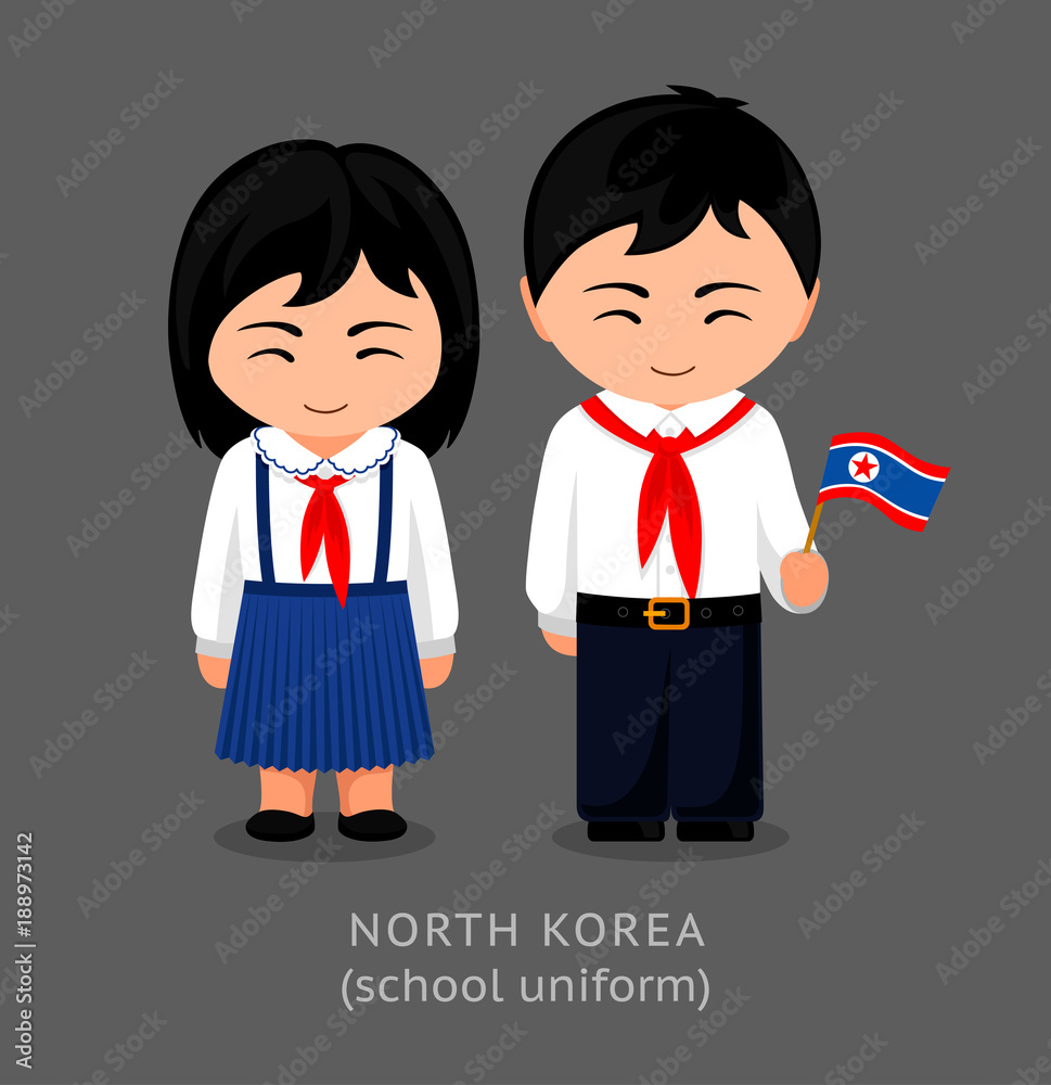 North Koreans in national school uniform with a flag. Girl and boy in  traditional clothes. Travel to North Korea. People. Vector flat  illustration. vector de Stock | Adobe Stock