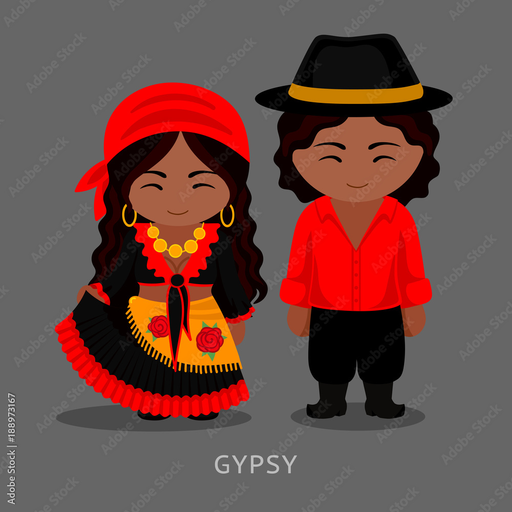 Gypsies in traditional costume. Romany. Man and woman, boy and girl ...