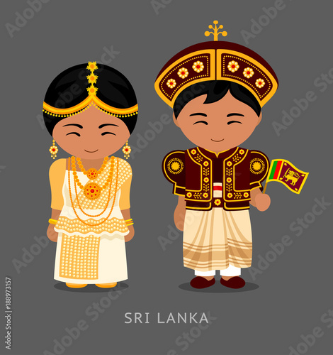 Sri Lankans in national dress with a flag. Man and woman in traditional wedding costume. Travel to Sri Lanka. People. Vector flat illustration.