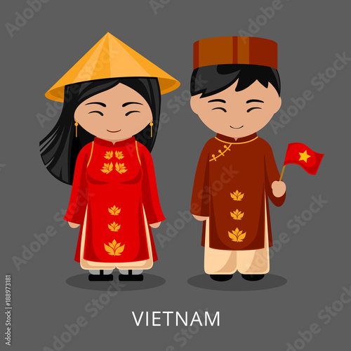 Vietnamese in national dress with a flag. Man and woman in traditional costume. Travel to Vietnam. People. Vector flat illustration.
