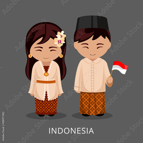 Indonesians in national dress with a flag. Man and woman in traditional costume. Travel to Indonesia, Bali. People. Vector flat illustration.