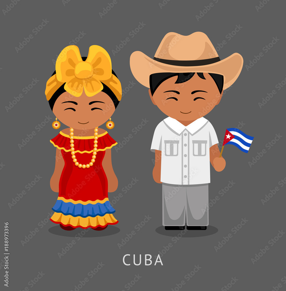 Cubans In National Dress With A Flag Man And Woman In Traditional Costume Travel To Cuba