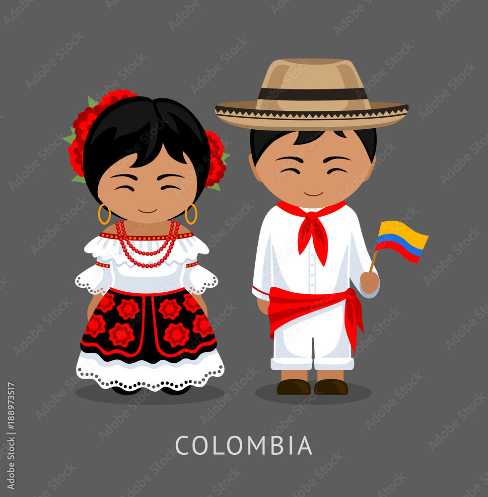 Colombians in national dress with a flag. Man and woman in traditional  costume. Travel to Colombia. People. Vector flat illustration. Stock Vector  | Adobe Stock