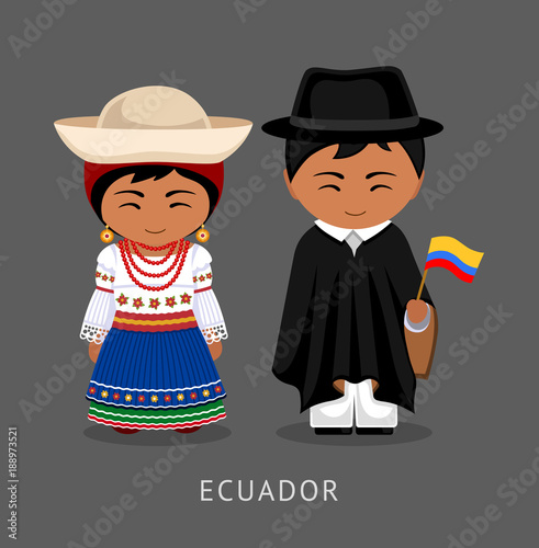 Ecuadorians in national dress with a flag. Man and woman in traditional costume. Travel to Ecuador. People. Vector flat illustration. photo